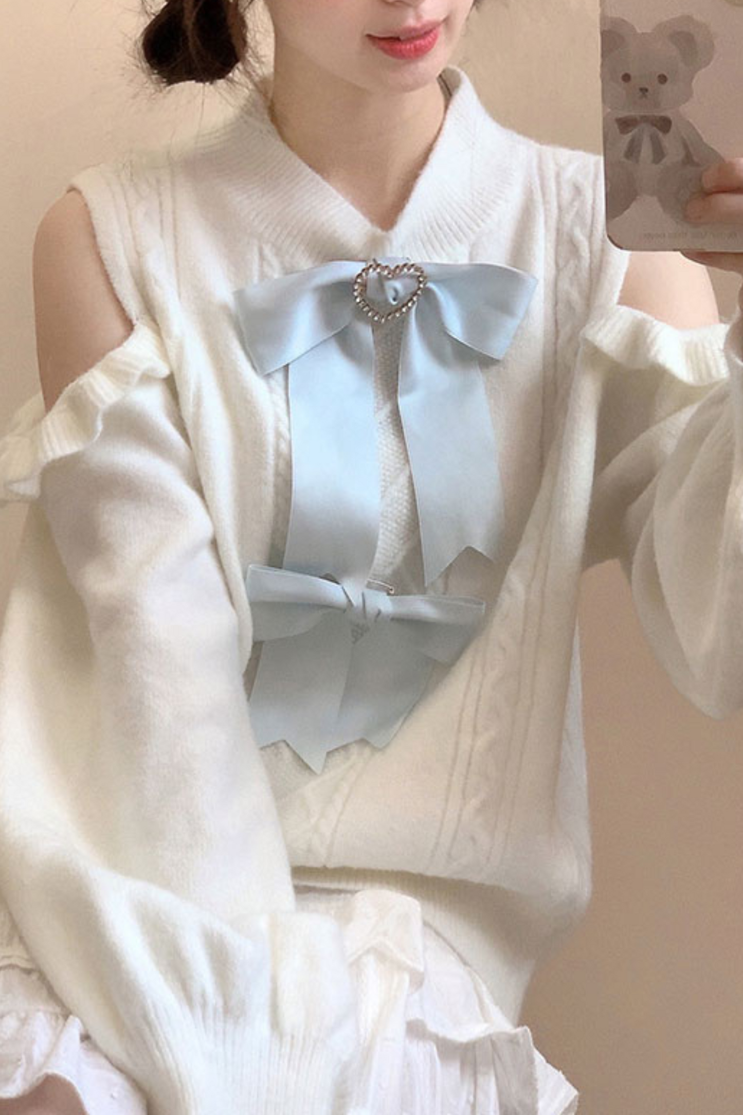 Sweet girly ribbon white aqua top