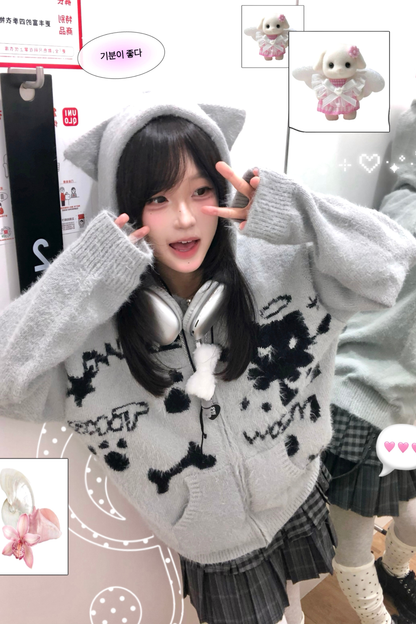 Cat Ear Hood Loose Zip Cardigan