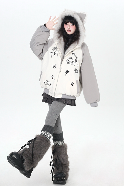 Cat Ear Bicolor Fur Jacket