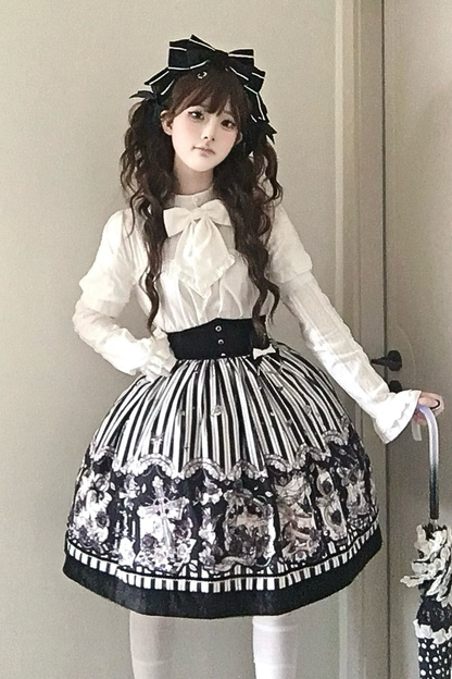 【10月3日予約締切】Black/White Elegant Gothic Lace Puff Sleeve Shirt with Detachable Sleeves and Bow Tie