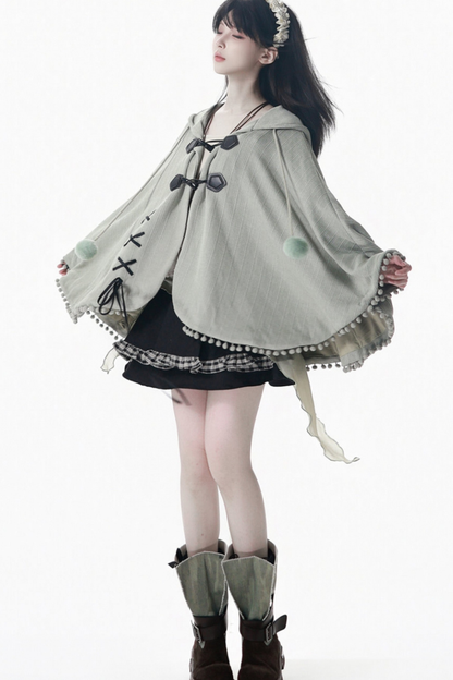 Check Ribbon Camisole Two Piece Jacket + Cape Coat + Skirt