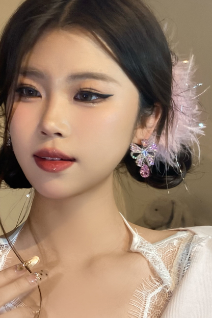 Sweet Love Pink Ribbon Earrings + Feather Hair Clips