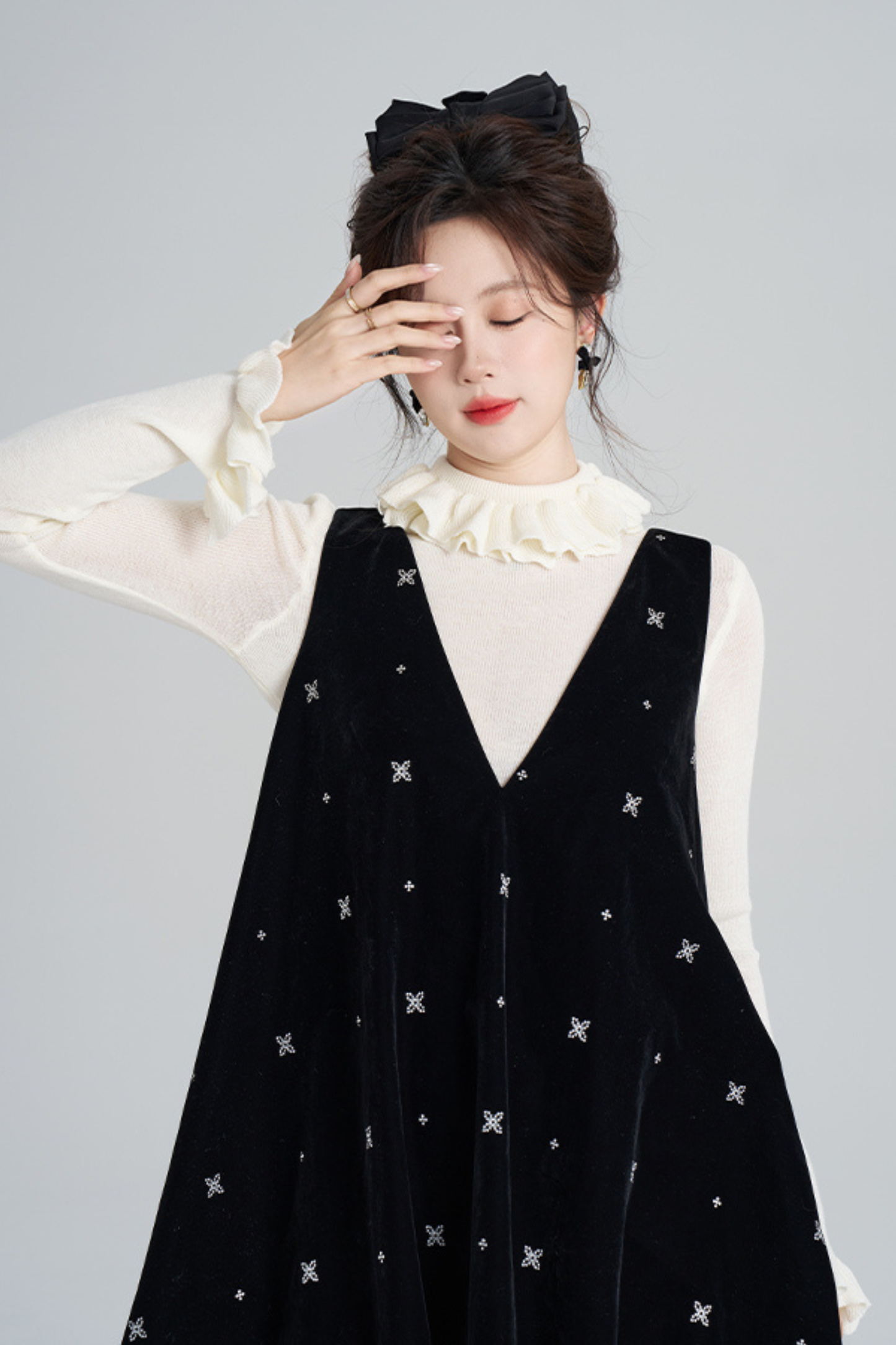 フレンチブラックベルベットリボンバルーンドレス