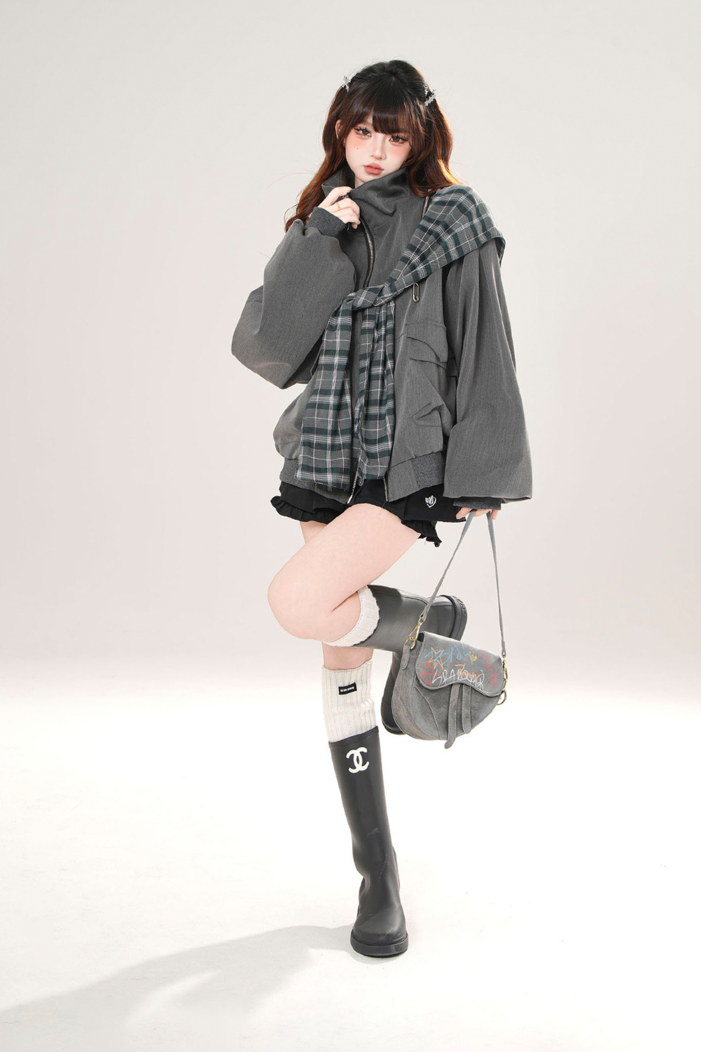 モードチェックフードジャケット