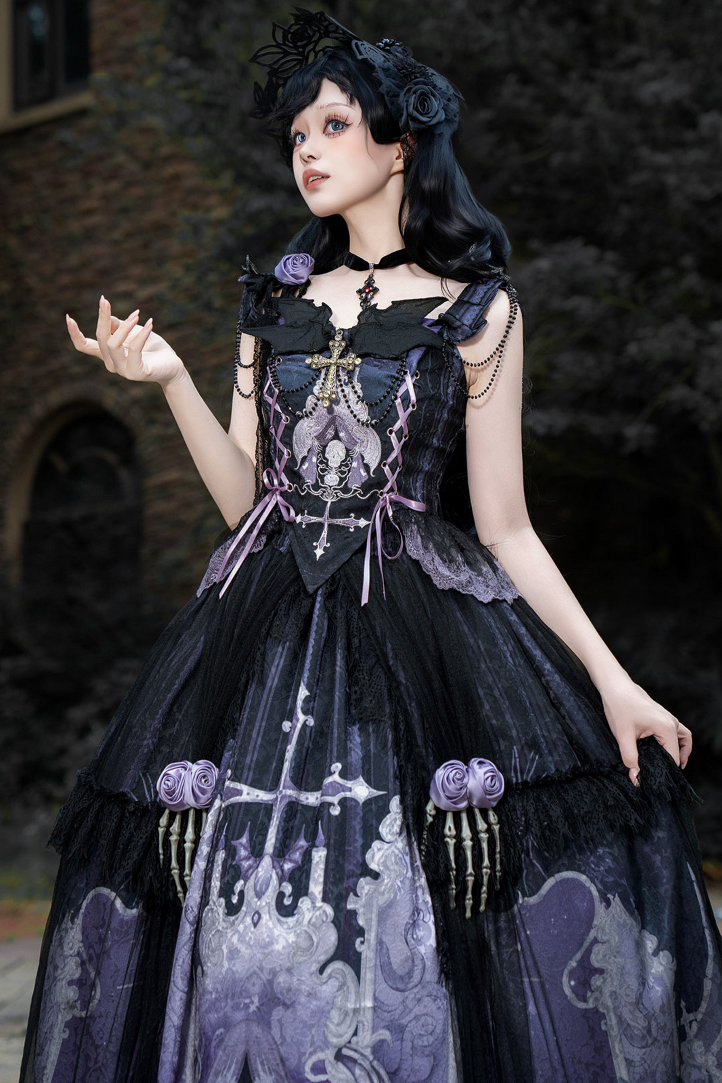 Gothic style dark camisole top + dark chic skull skirt