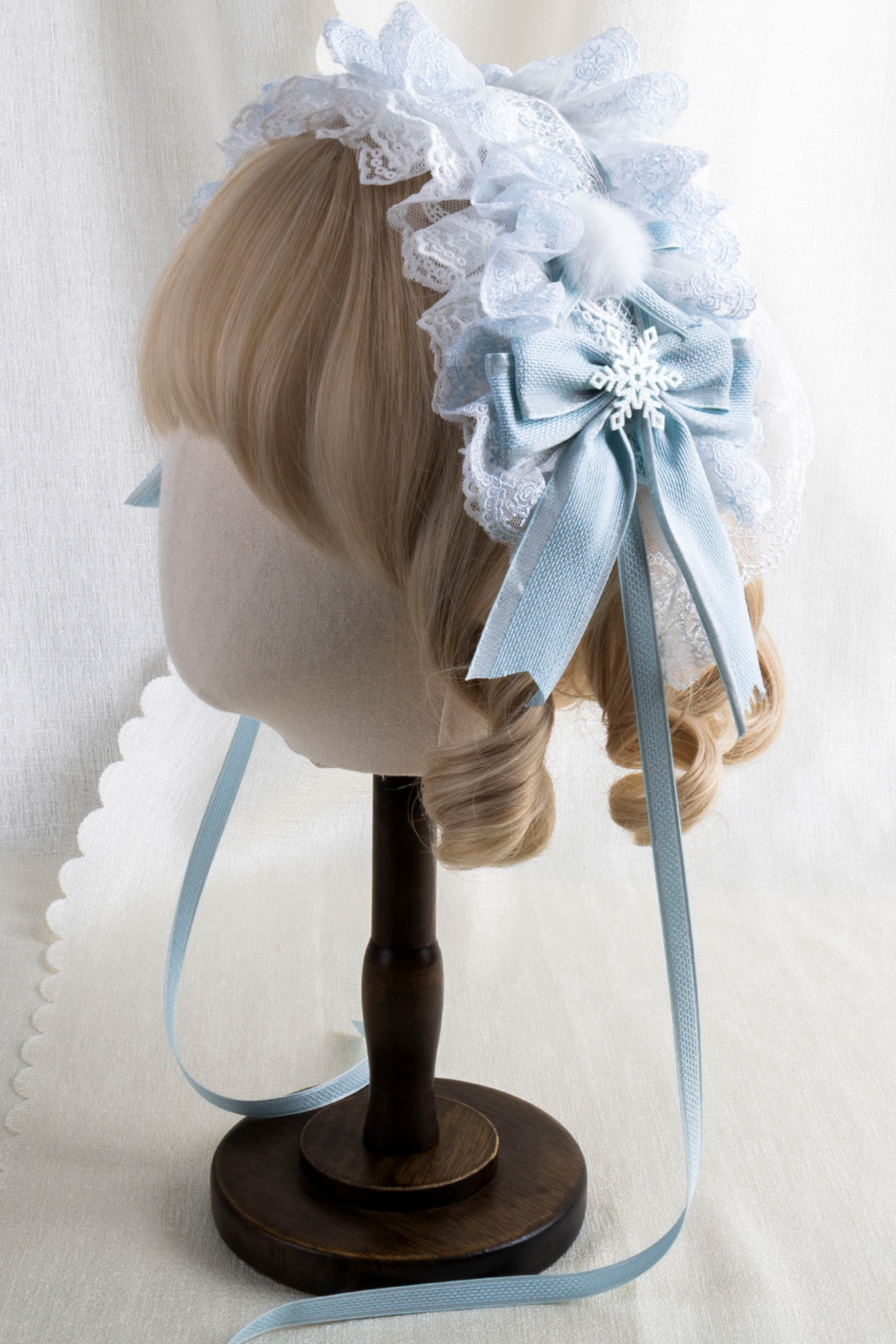 フリルアイスカラーロリータフラットハット+リボンクリップ+ヘアバンド+ハットクリップ