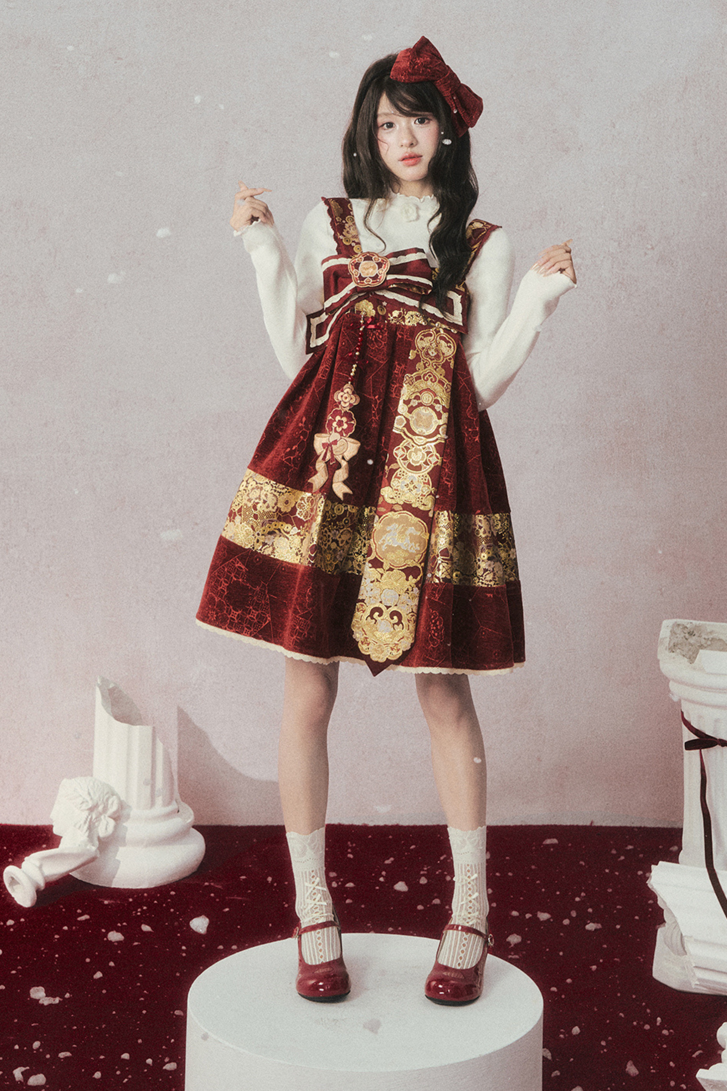 ベルベットダークレッドドレス+トップス+ジャケット+アクセサリー