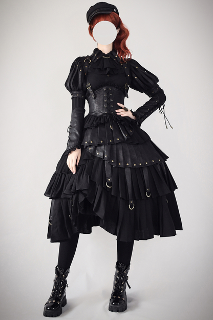 [Reservation product] Black Mist Gosix Team Punk Gauge Mat Leather Shirt + Corset Suspender Dress