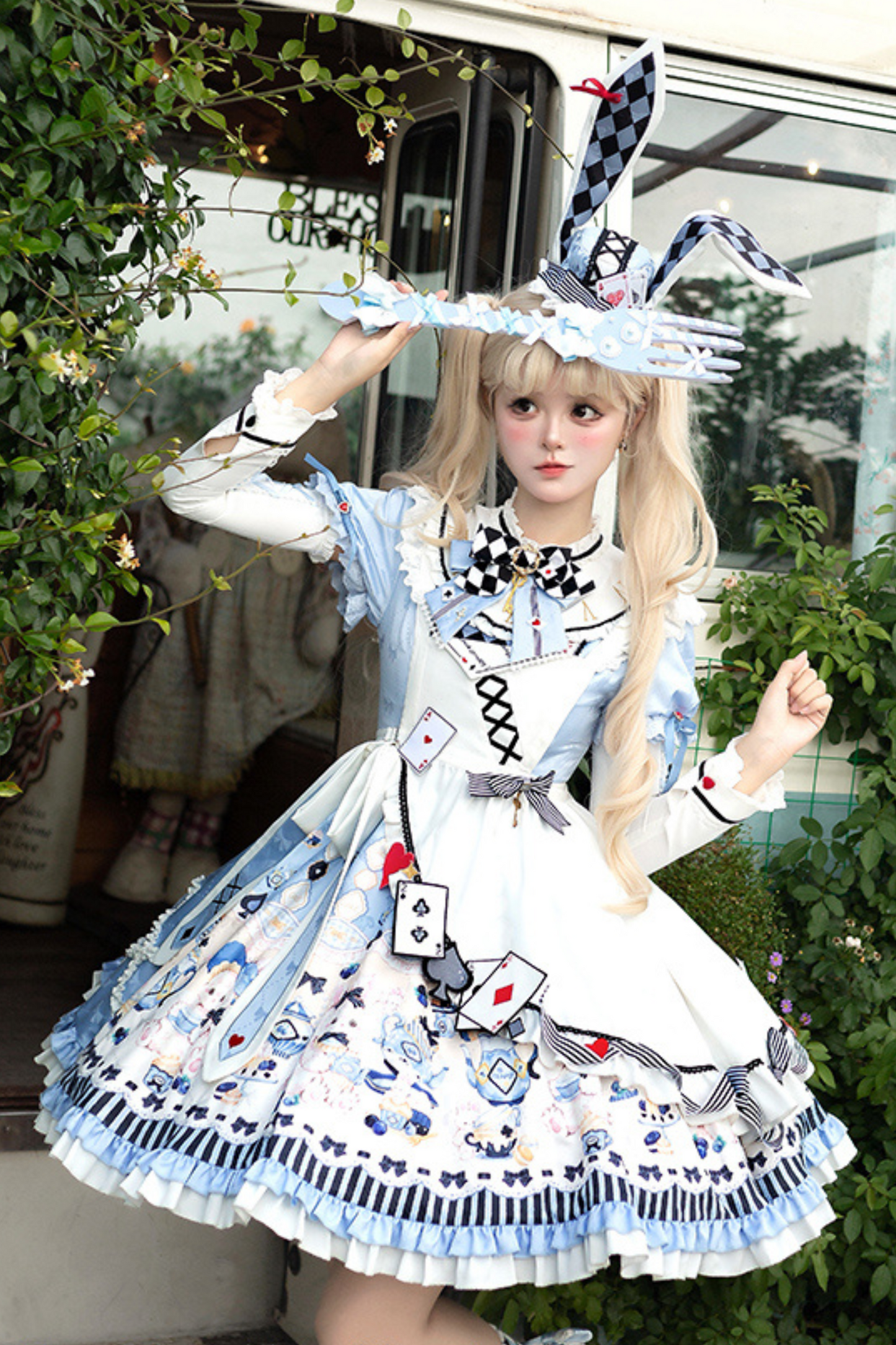 【数量限定】アリスティーパーティーアシメエプロンドレス＋うさ耳ハットドレスフルセット