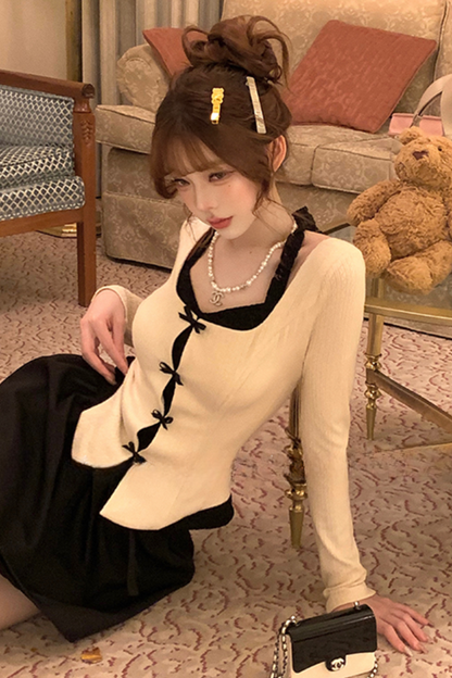 Lace Halter Neck Knit Slim Fit Ribbon Top