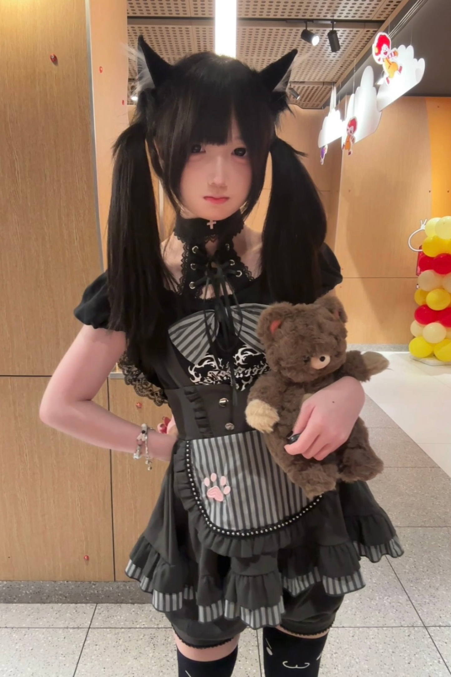 キュートキャットパフスリーブトップス+サスペンダースカート+パンツ+ハット