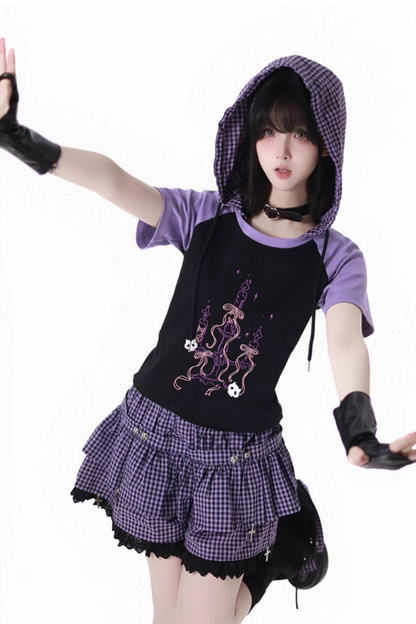 パープルグリッドカラーブロックトップス+フードトップス+パンツ+レッグウォーマー