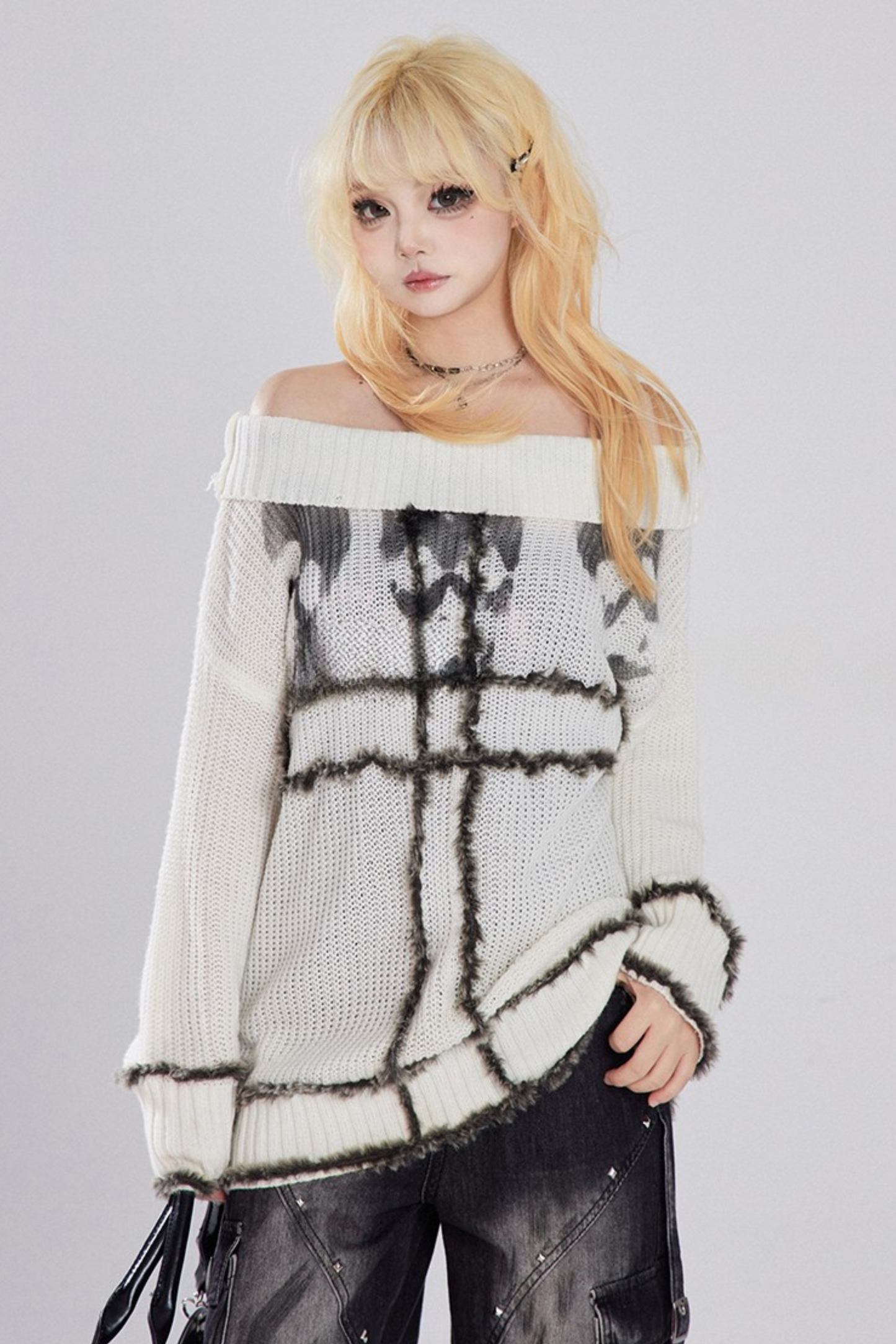 Skull Head White Lazy One Shoulder Sweater