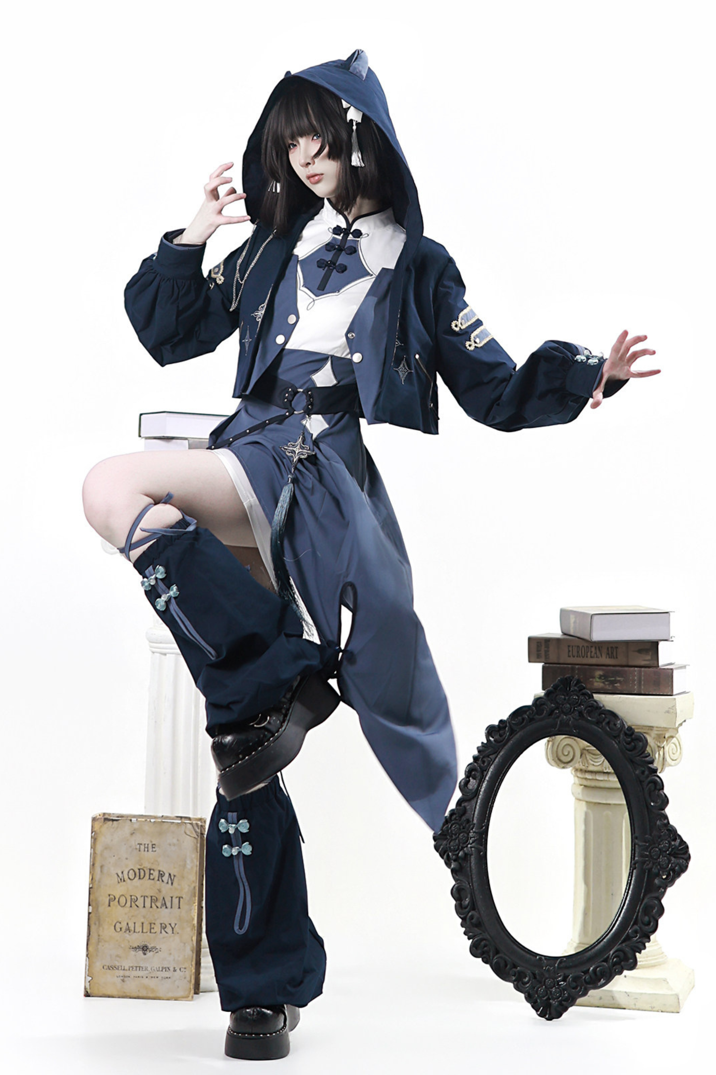 Subkultur Katzenfutter-Jacke + asymmetrisches Kleid + Beinstulpen + Ring