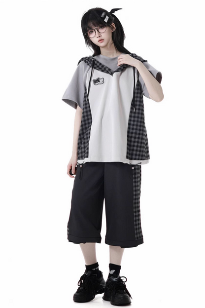 チェックショートトップス+チェックパンツ+フードトップス