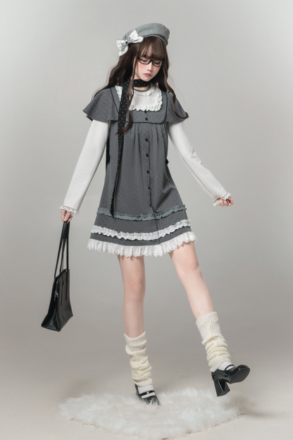 グレイポルカドットドールドレス+ベレー帽