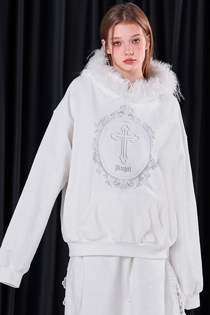 ファーフードモードルーズトップス