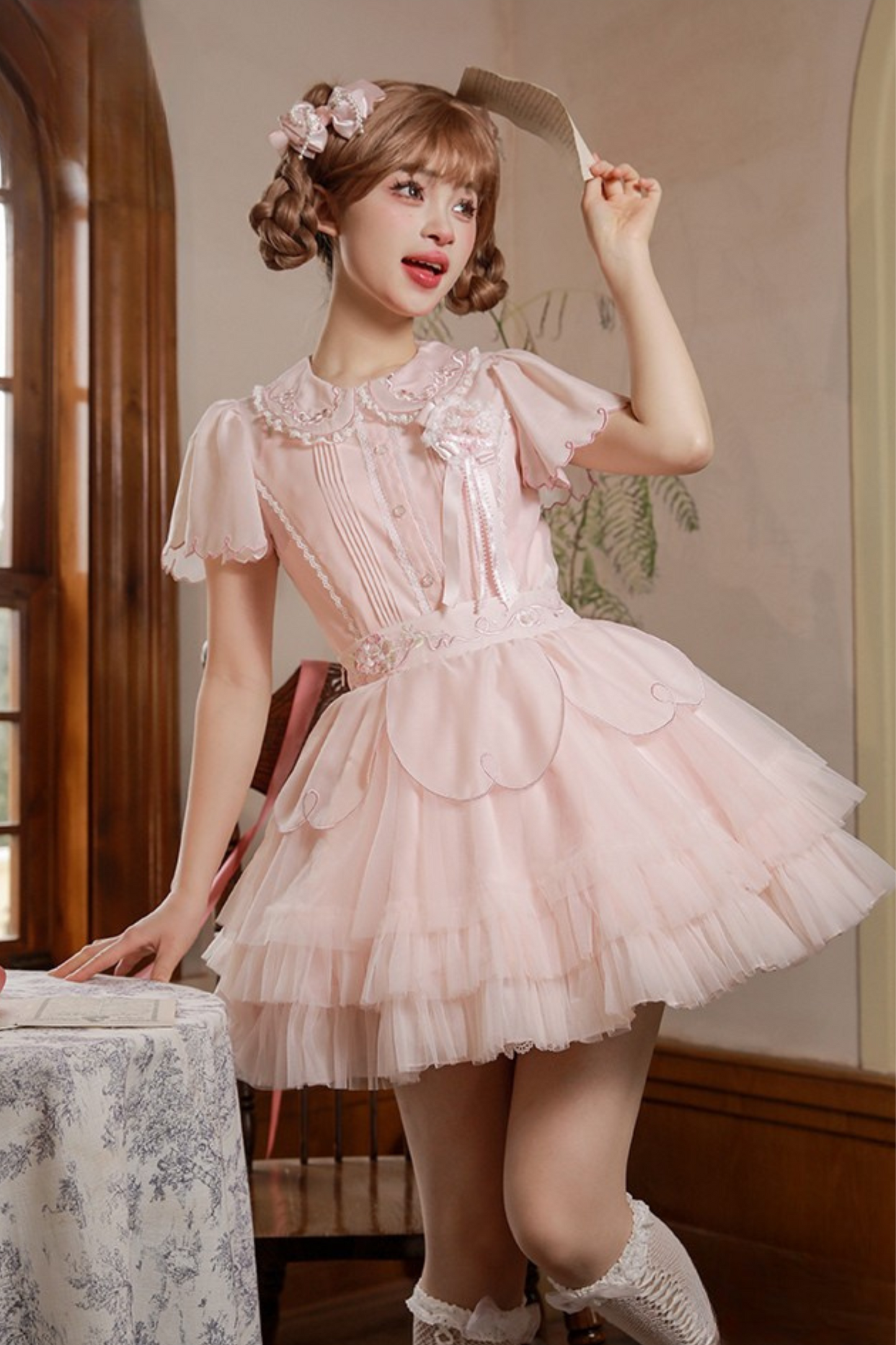 Cherry blossom color sweet princess Lolita dress + doll color top + sheer cardigan + apron