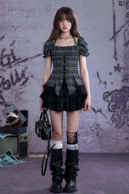 ヴィンテージグリーンチェックトップス