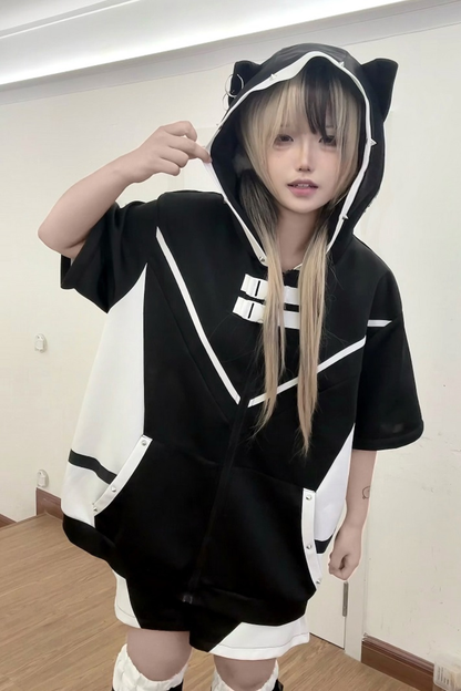 【天使界隈】サブカルチャーアクアフードトップス+ショートパンツ+レッグカバー