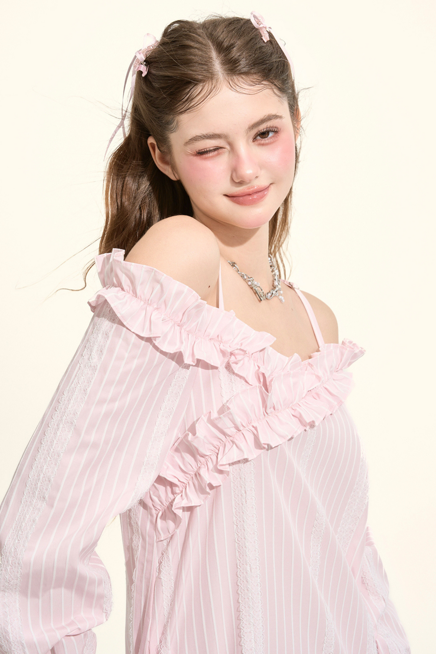 Pre-Fall Lace Striped Off-Shoulder Bubble Gown