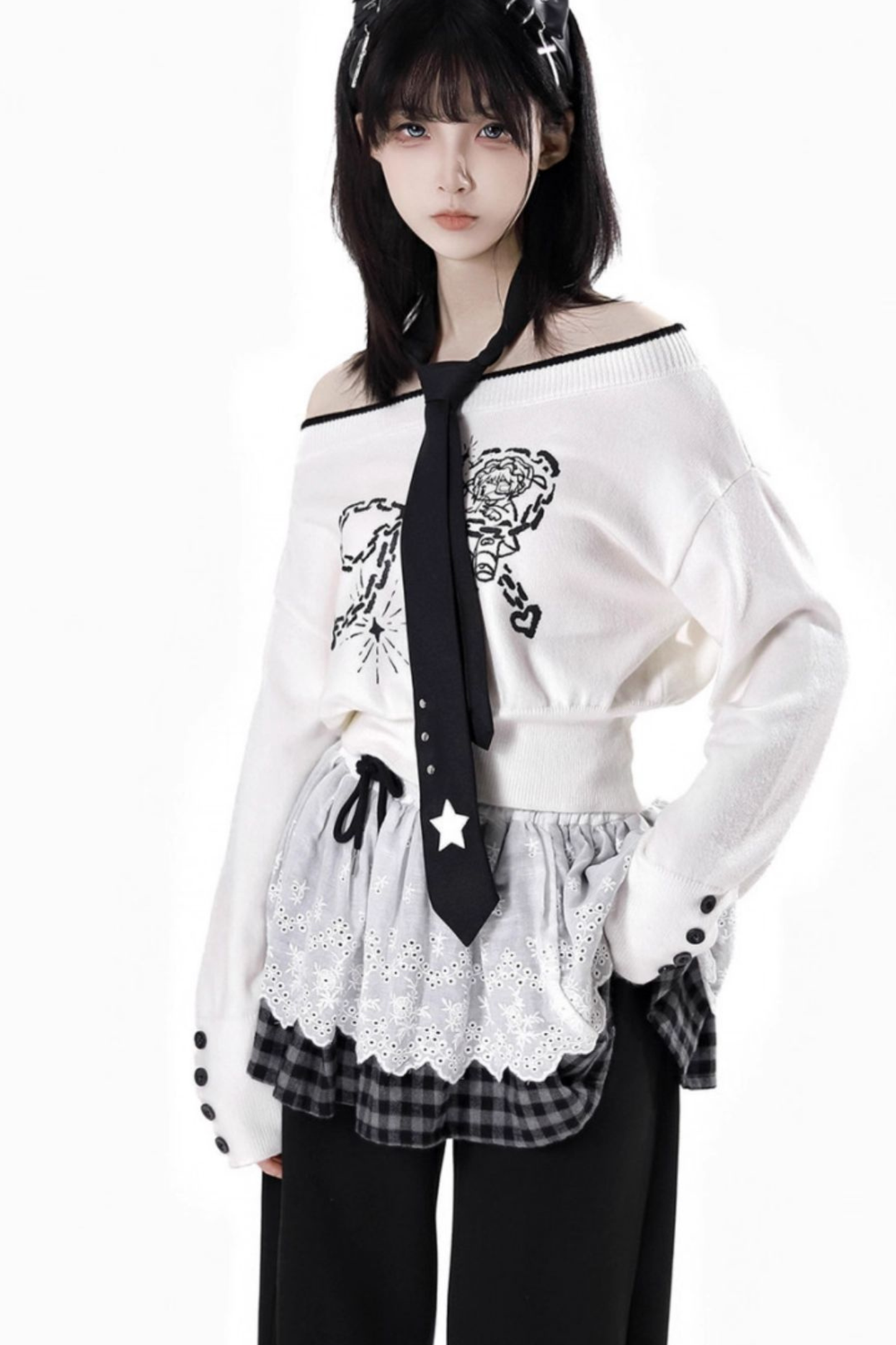 One-shoulder top + pants + hooded par jacket + skirt