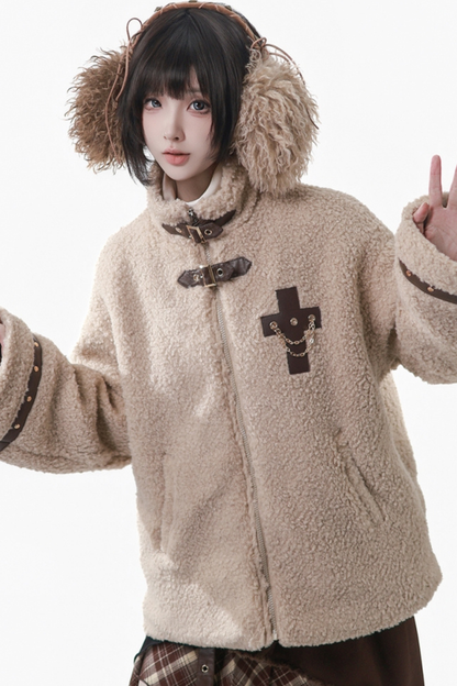 ヘーゼルナッツベルベットウールコート+チェックスカート+トップス+レッグカバー