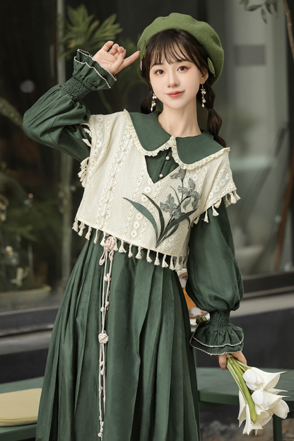 Dark green retro dress + vest