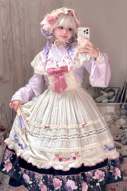 フローラルチャイナロリータトップス+スカート+エプロン+カチューシャ+ボンネット