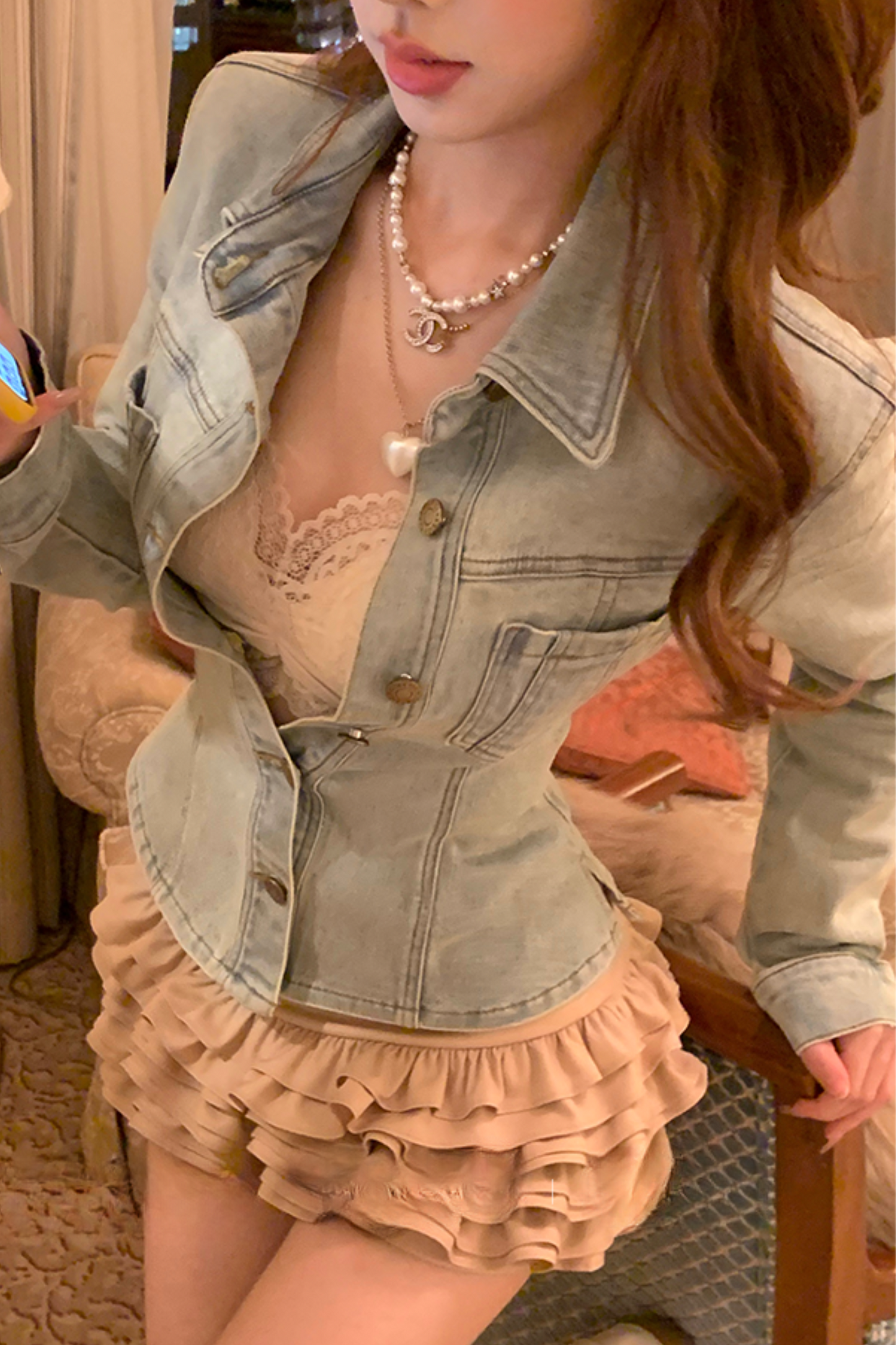 Vintage ribbon waist tie denim jacket