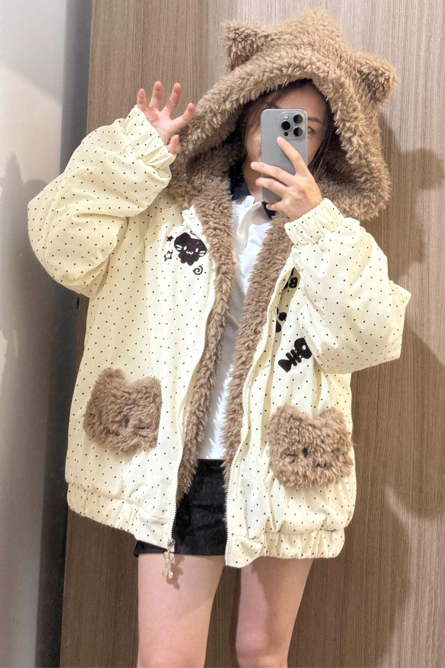 ファーキャットフードドットジャケット