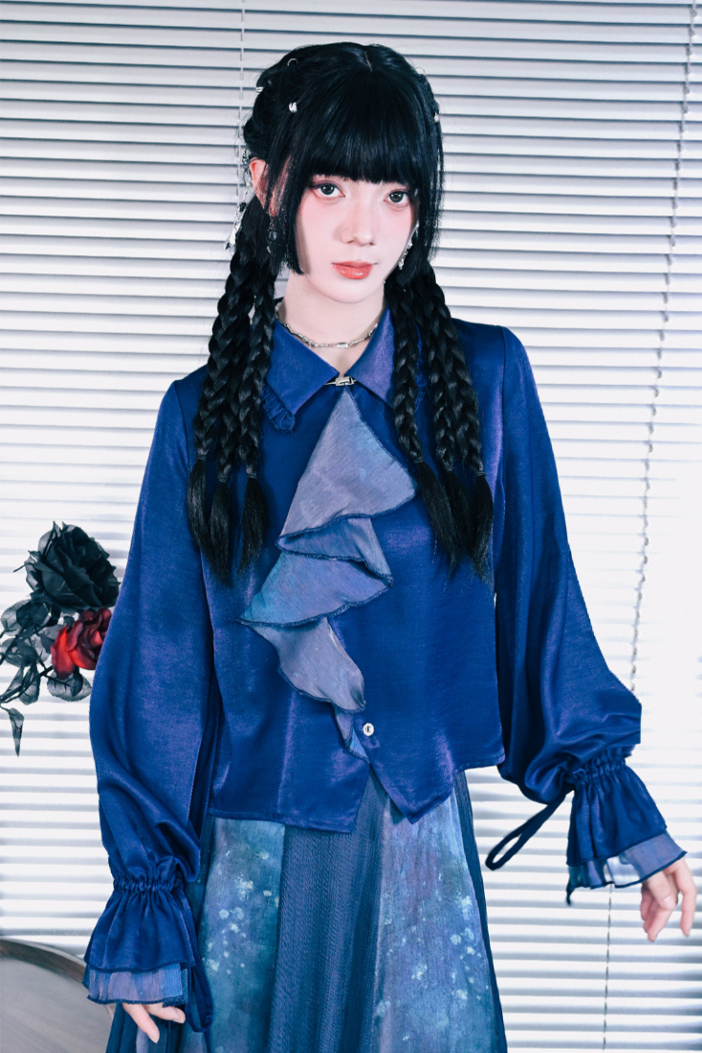 Blue World Floating Light Splice Ruffle Lantern Sleeve Shirt