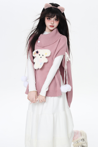 タートルネックショールニットプルオーバーケープ