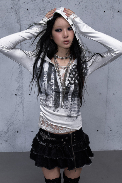 레이스 패치워크 타이트 후드 파커