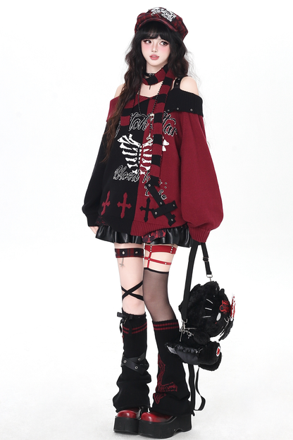 スカルボーンゴシックオフショルダートップス+スカーフ