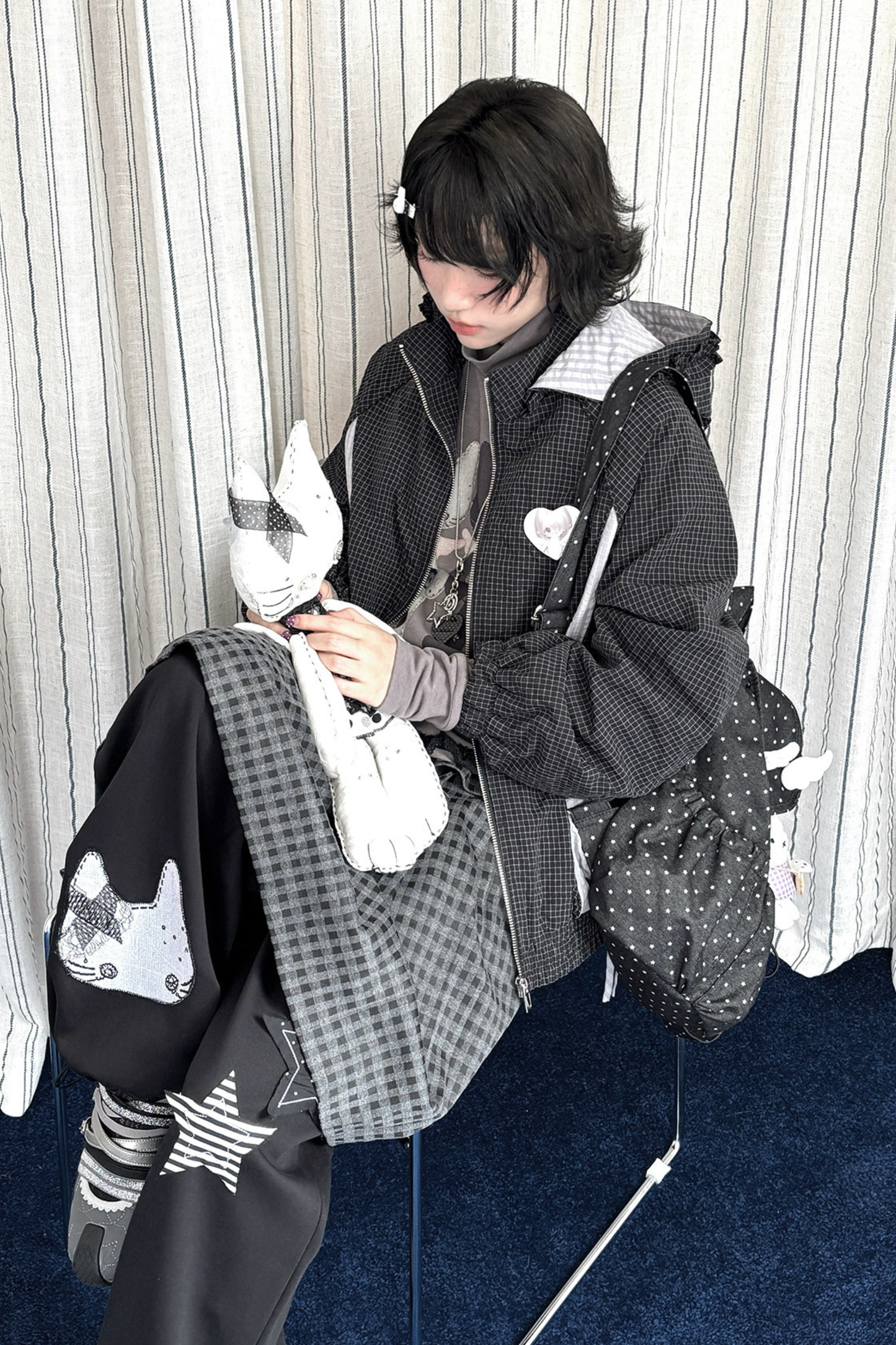 Animal Doll Print Top + Pleated Skirt + Wide Pants + Jacket