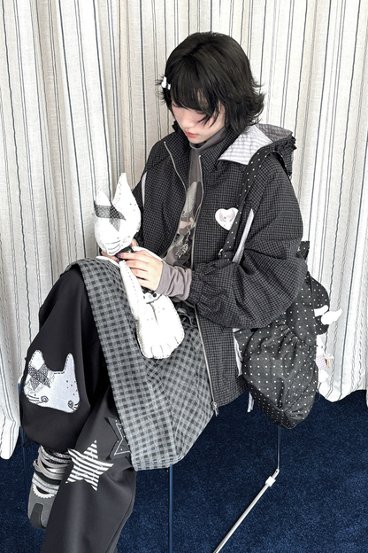 Animal Doll Print Top + Pleated Skirt + Wide Pants + Jacket