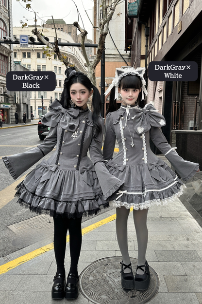 [Pre-order Deadline: April 25] Phantom Cat Sweet Ribbon Gray Stripe Lace Bell Sleeve Lolita Dress
