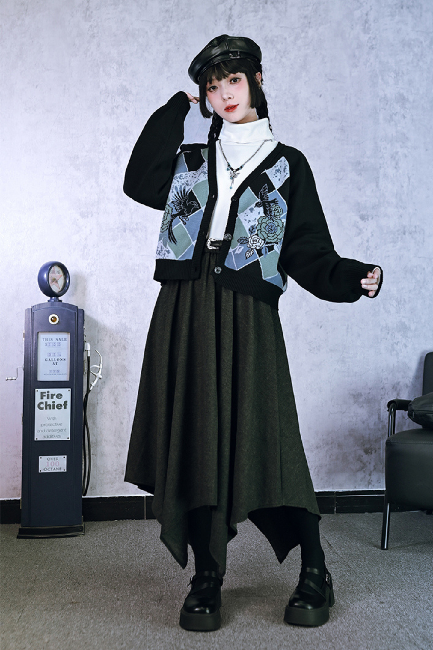 Argyle Flower Cardigan + Asymmetrical Skirt