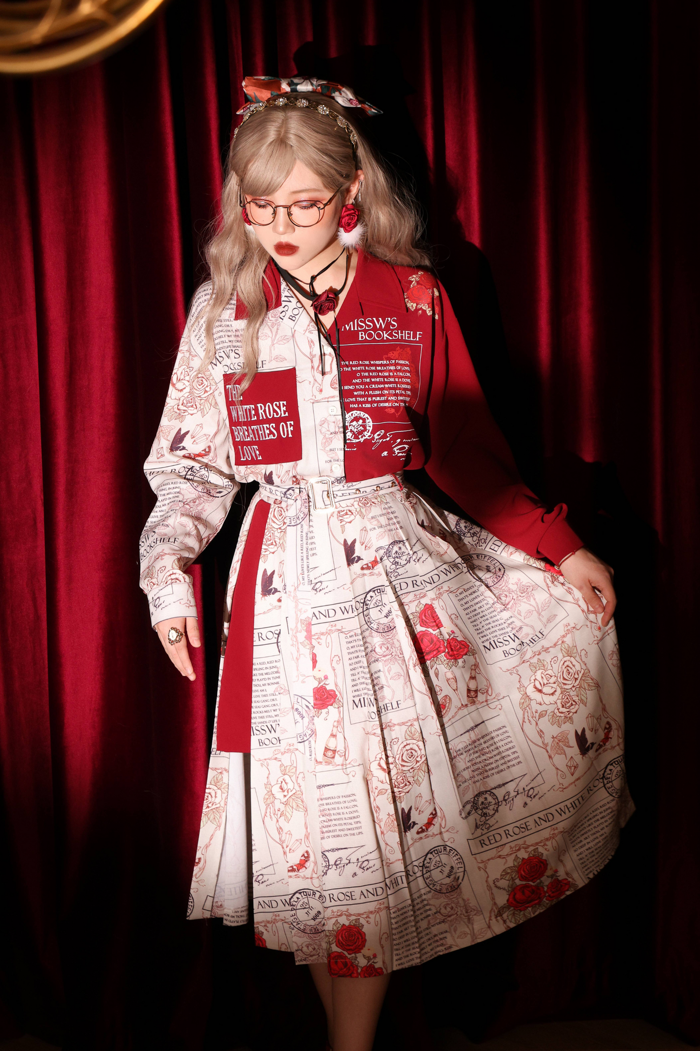 Retro Rose Print Stitch Shirt + Pleated Slit Skirt