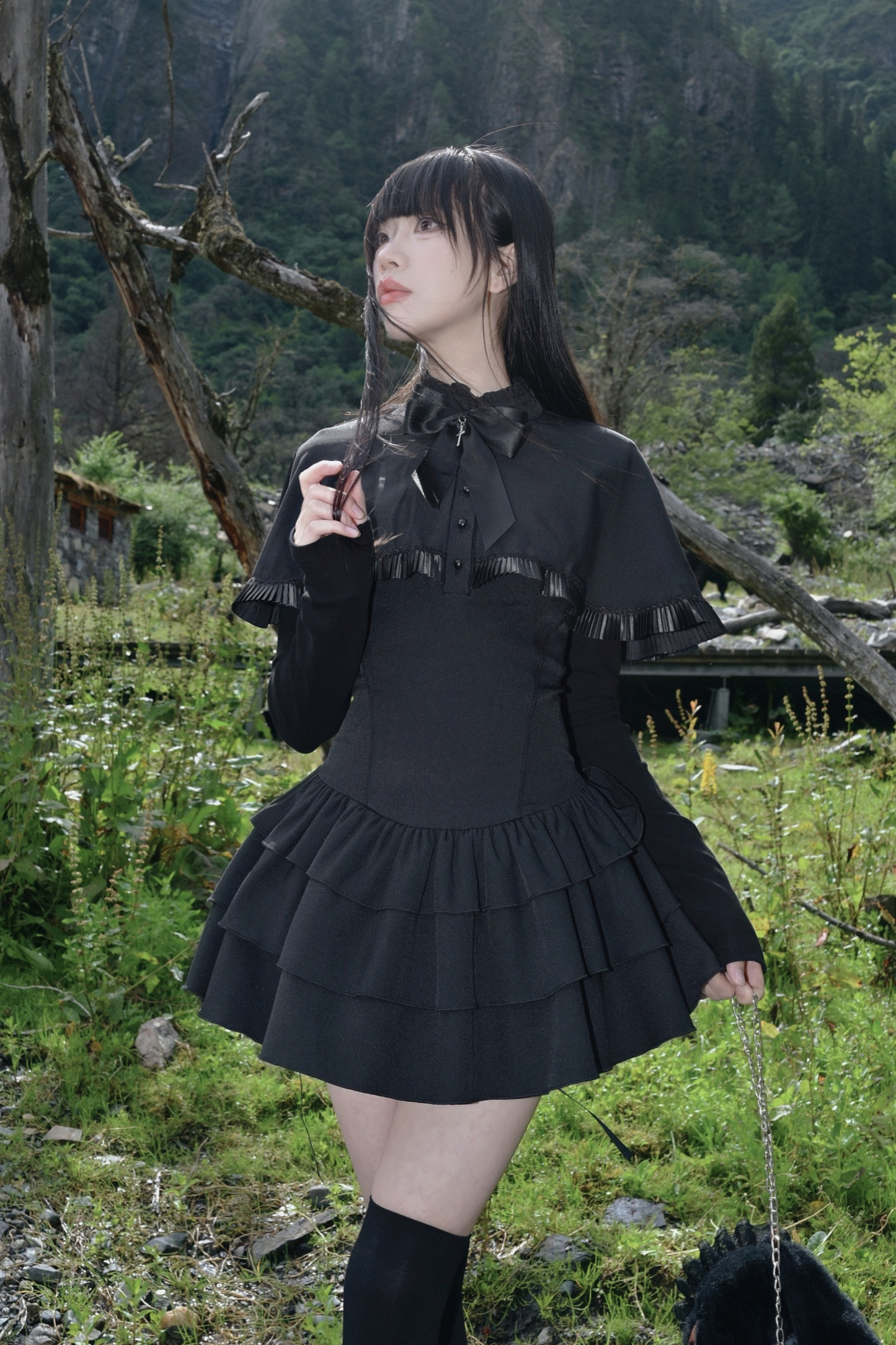 Ruffled Cape Design Low Rise Lace Dress