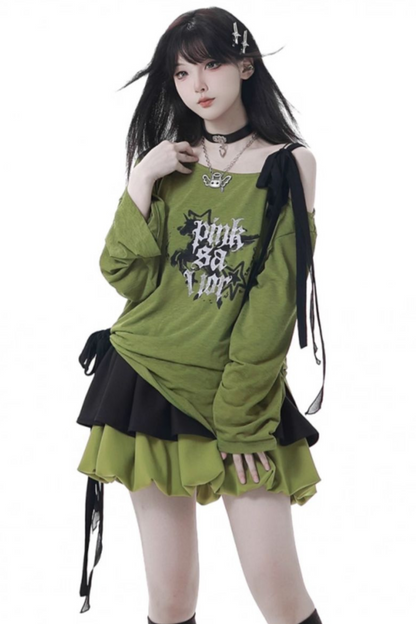 ワンショルダーアシメトップス+バルーンスカート