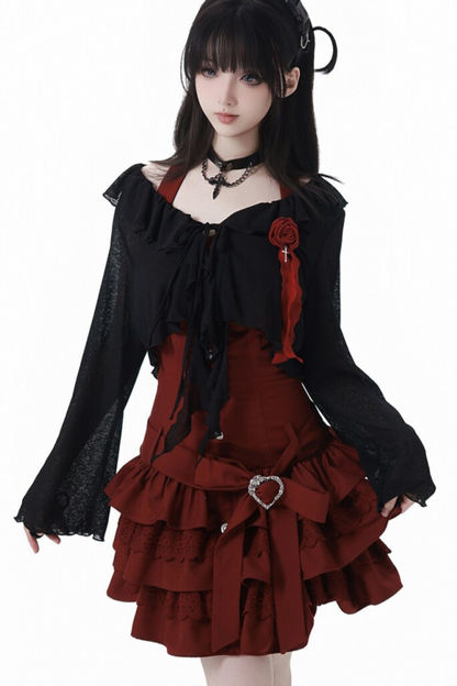 Cardigan en dentelle florale rose + robe + corsage