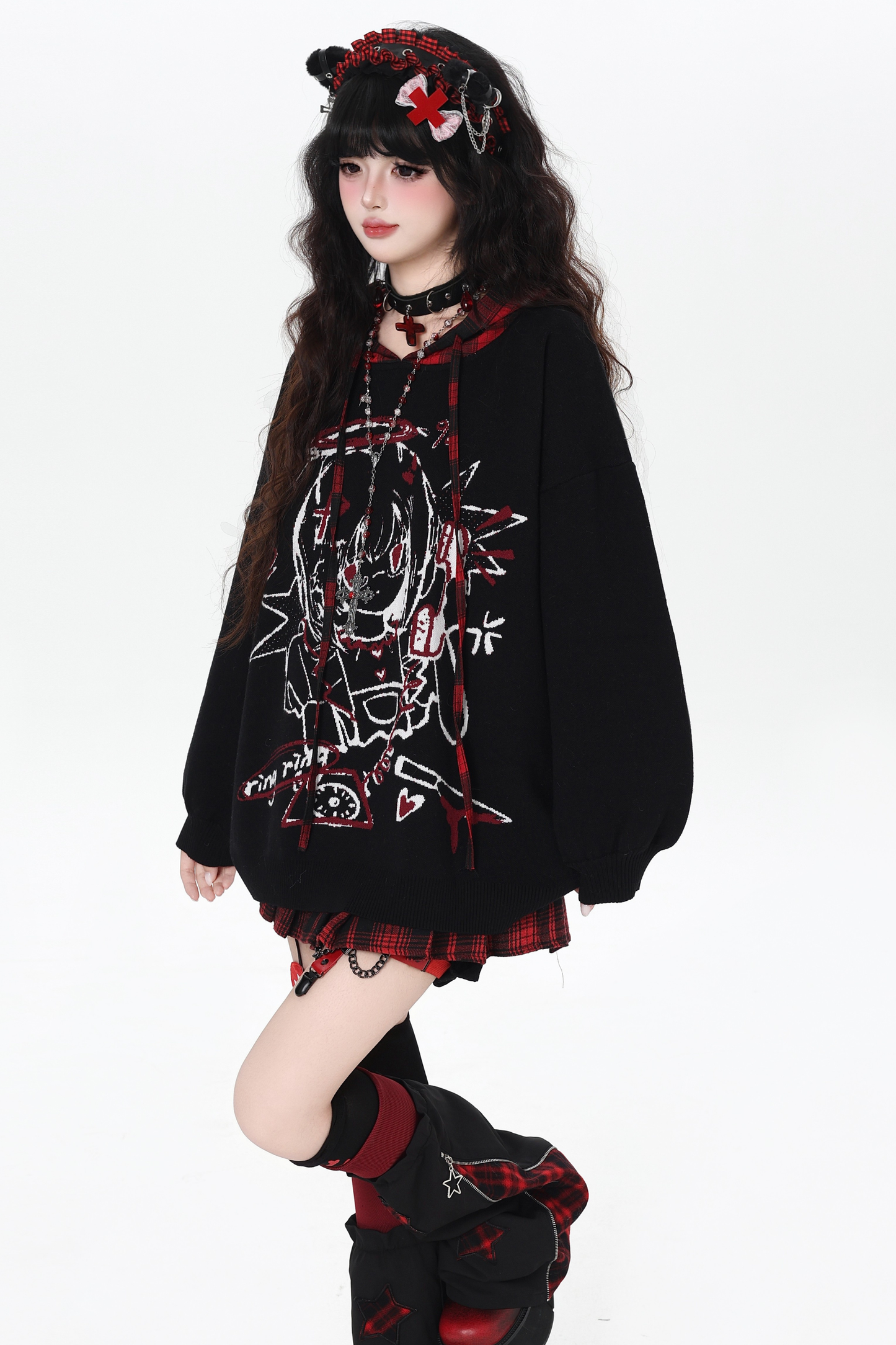 パンクガールチェックフードルーズセーター