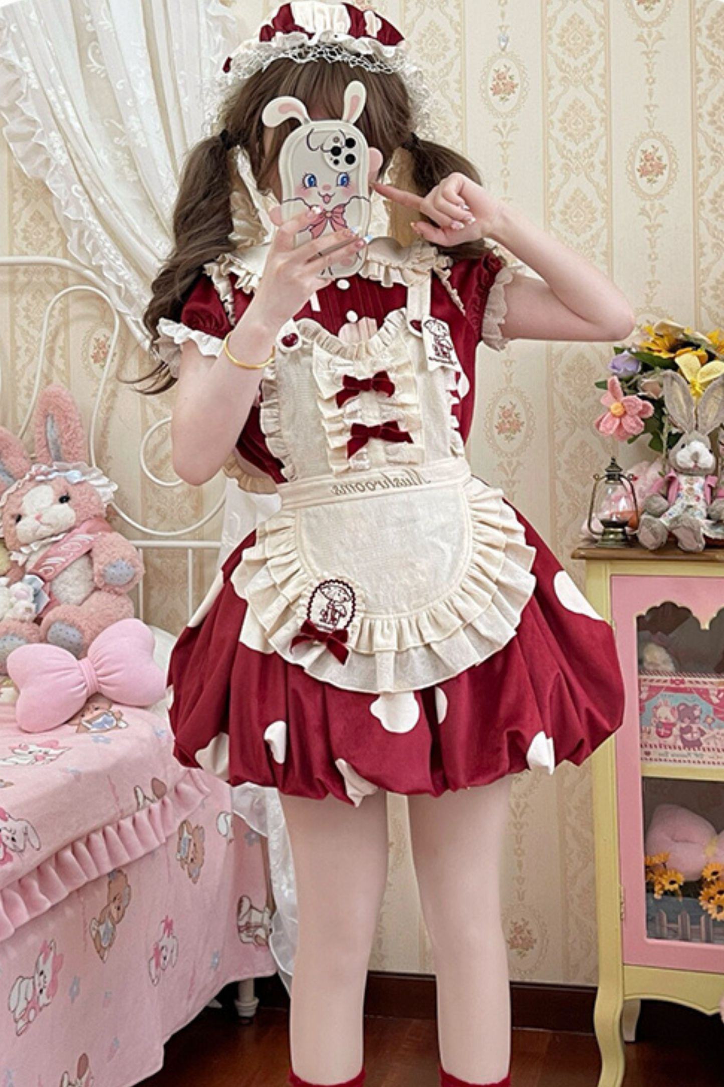 キノコドールワンピース+リボンフリルエプロン+フリルスリーブ+うさ耳ハット