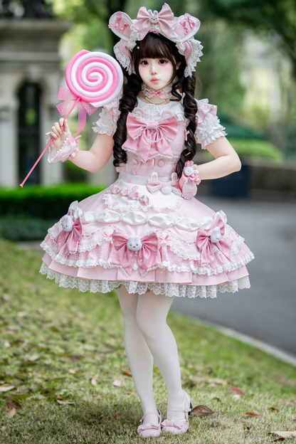 [Pre-order Deadline: April 6] Sweet Ruffled Bunny Lolita Jumper Skirt + Shirt + Headband + Bonnet + Headband + Sleeves + Necklace + Tail