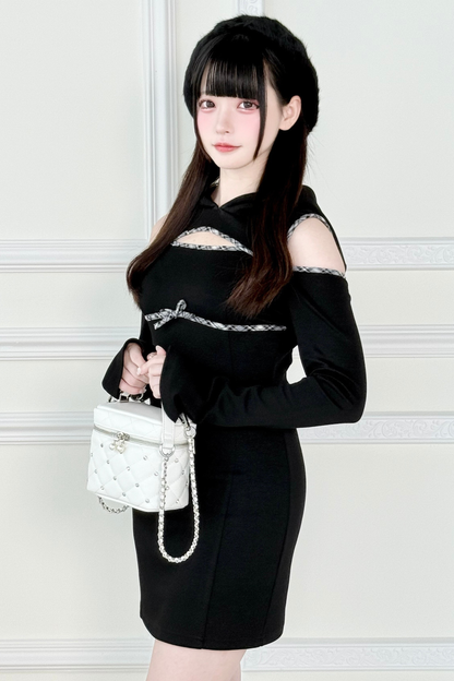 Off-the-shoulder Little Ribbon Hooded Dress