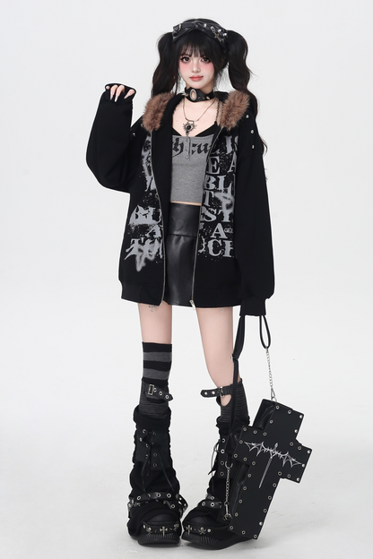 アメリカンレトロレターストリートファーフードパーカー