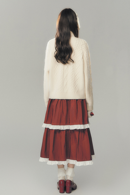 ストロベリークリームカーディガン+スカート+ハイネックトップス+ヘアピン