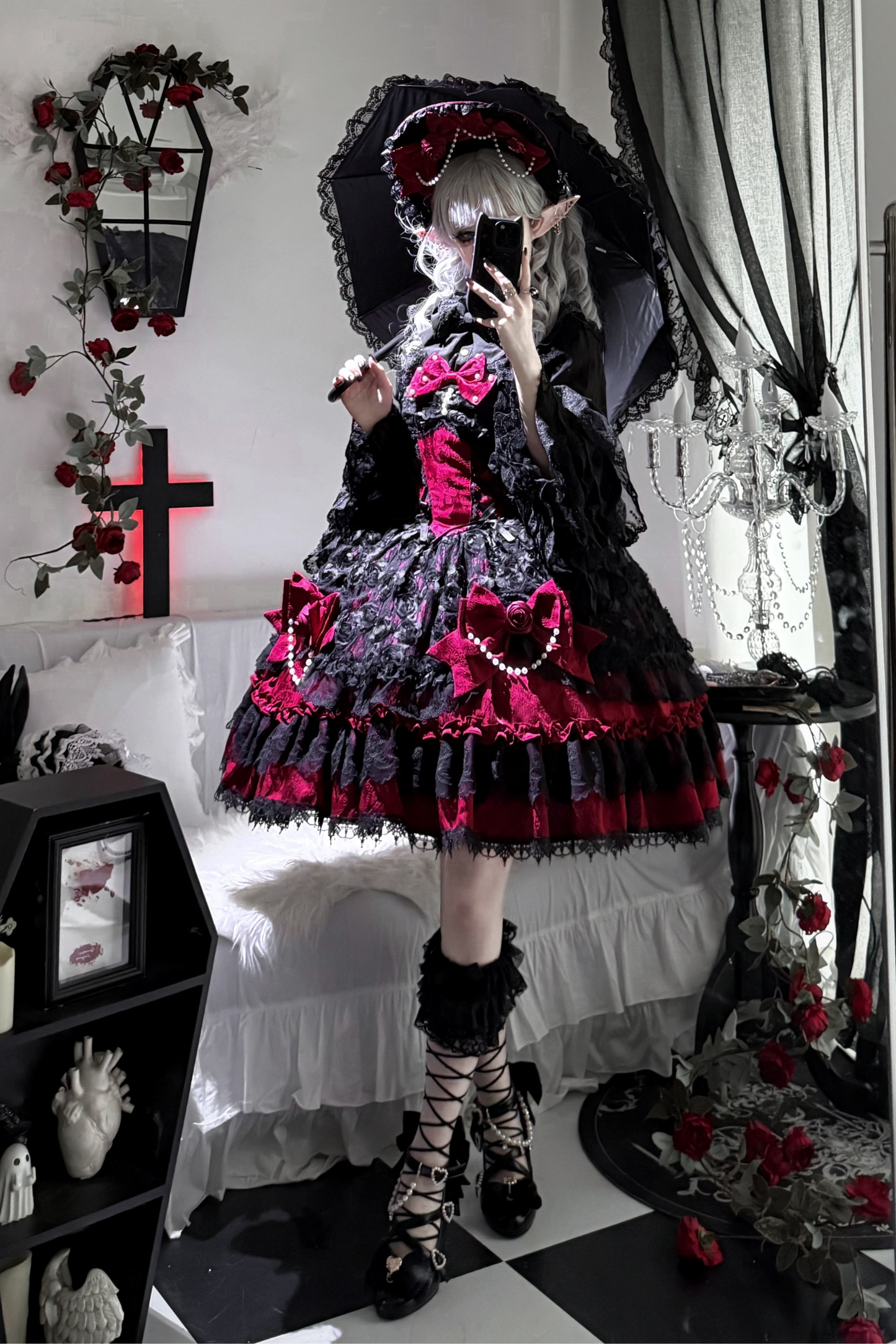 ローズフリルプリンセスジャンパースカート+バッグリボン+ボンネット